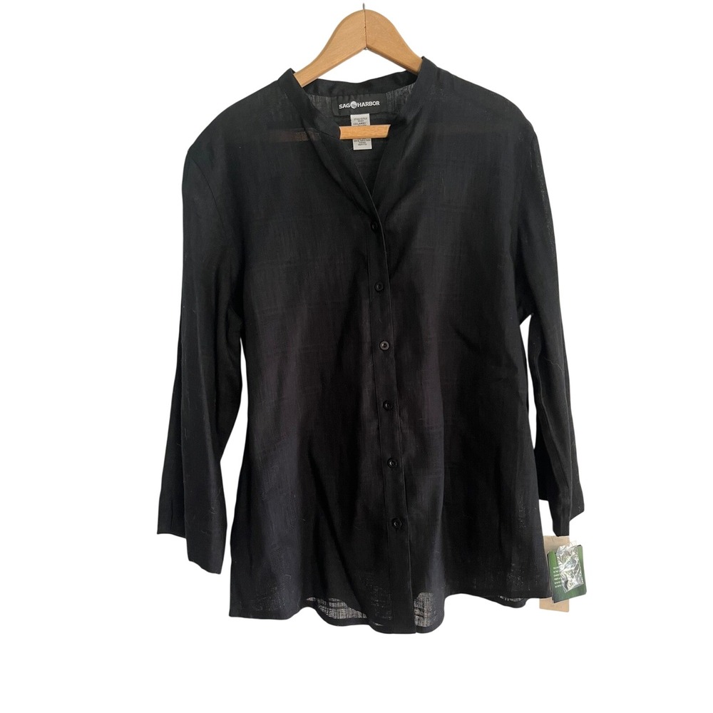 NWTS Sag Harbor Womens Black 100% Linen Blouse Top Shirt L Minimalist Breathable